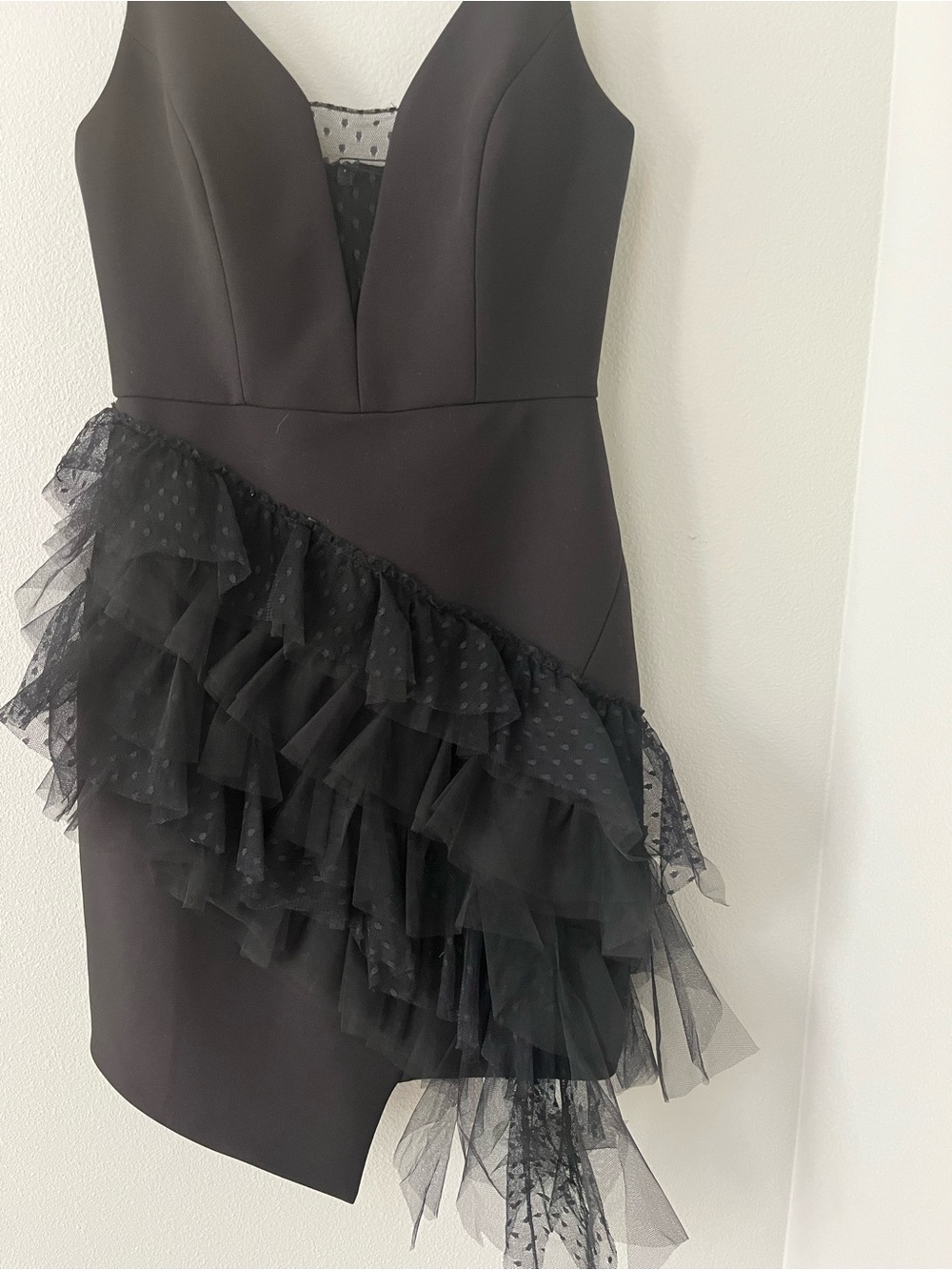 BCBGMaxAzria Black Asymmetrical Ruffle V-Neck Dress